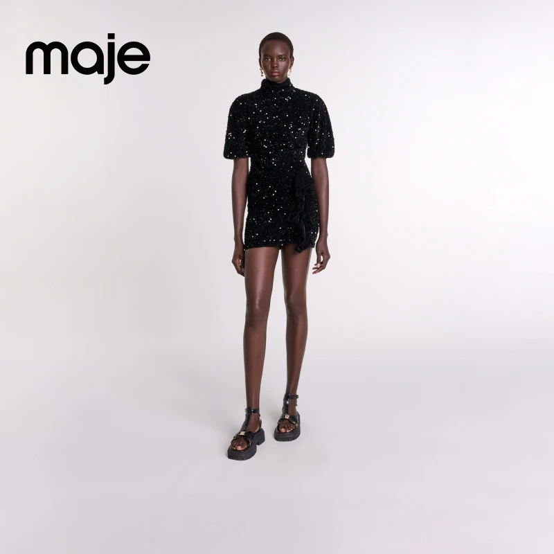 暖系穿搭|Maje秋冬新款气质优雅亮片短款针织连衣裙MFPRO03901