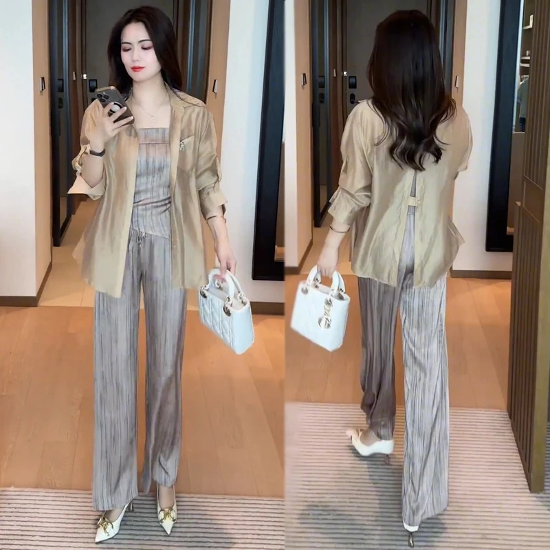 时尚气质套装女2025夏季新款宽松显瘦条纹防晒外披阔腿裤三件套装