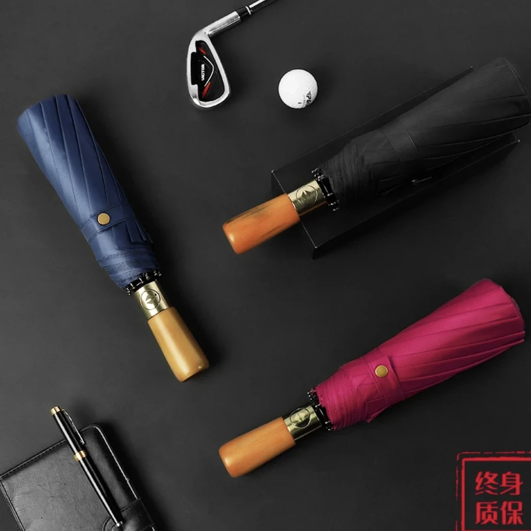 全自动328骨高级轻奢木柄黑胶防紫外线抗风晴雨伞