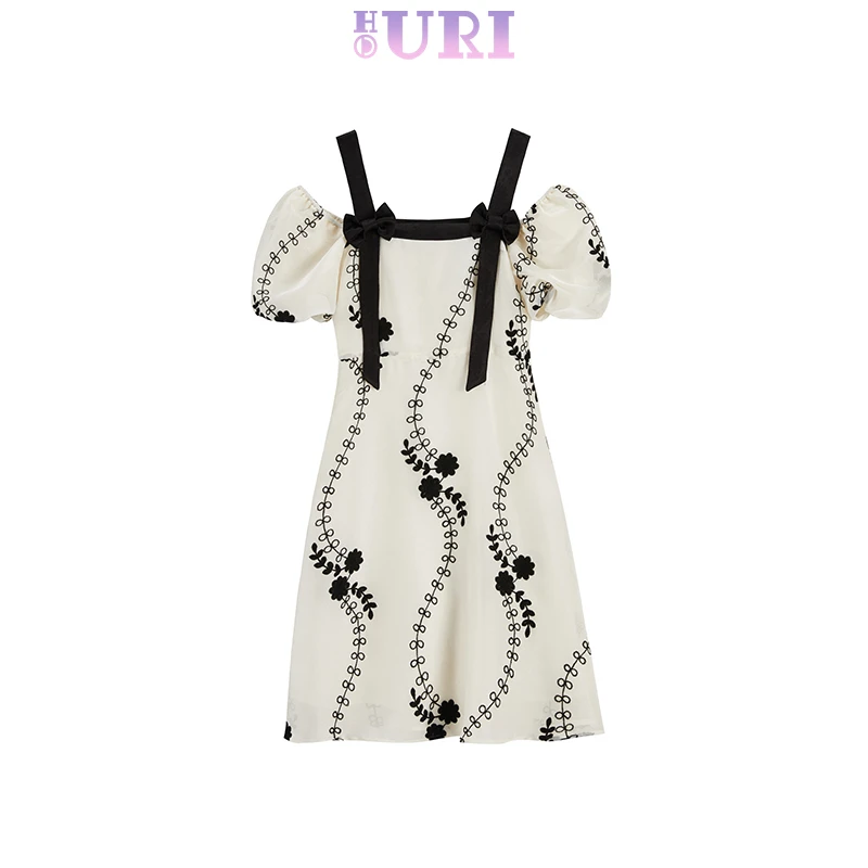 HOURI/海蕾琳法式甜美泡泡袖设计感绣花连衣裙女别致独特惊艳裙子