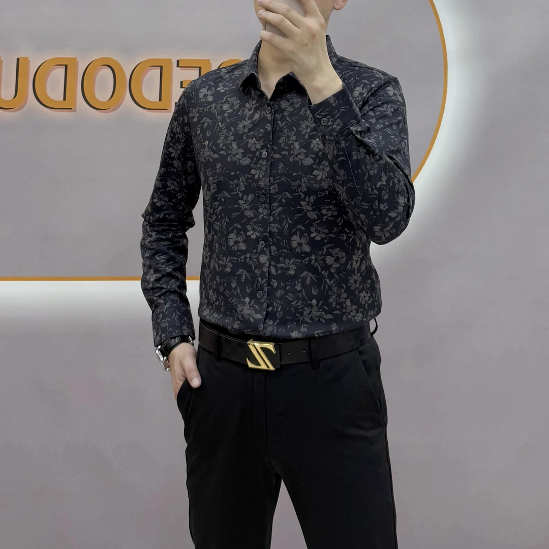 2222男衬衫商务休闲时尚花衬衫免烫春秋男士印花长袖轻奢百搭秋季