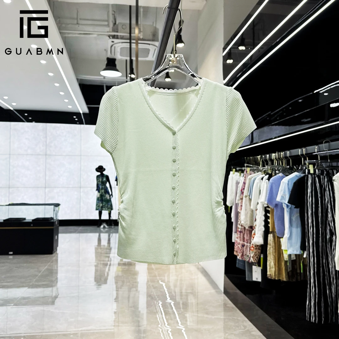 GUABMN2025夏季新款气质V领花边领口纯色针织开衫T恤夏日穿搭5166