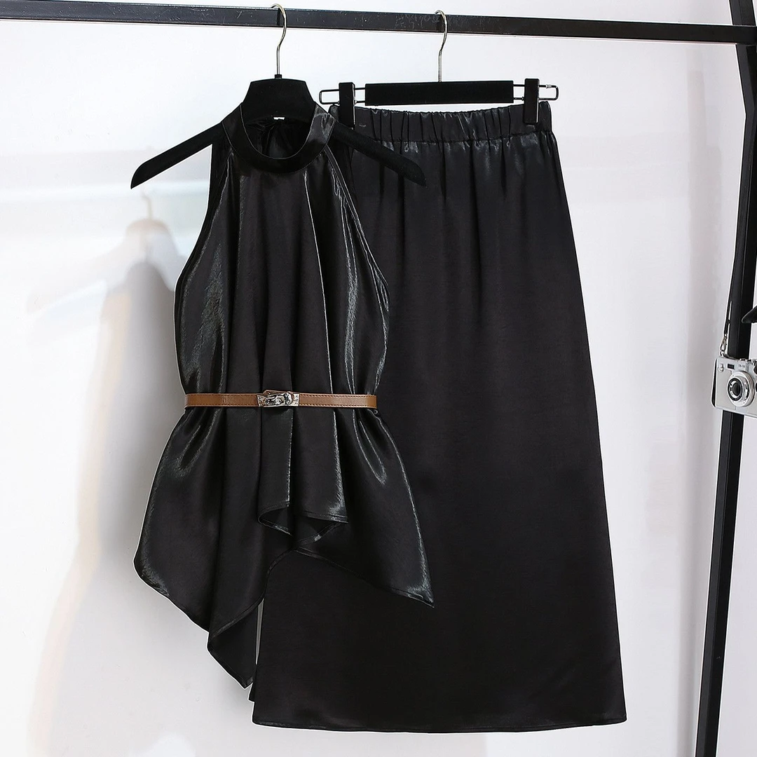 青竹雪无袖吊带上衣半身裙女套装2025夏新款醋酸缎面挂脖连衣裙