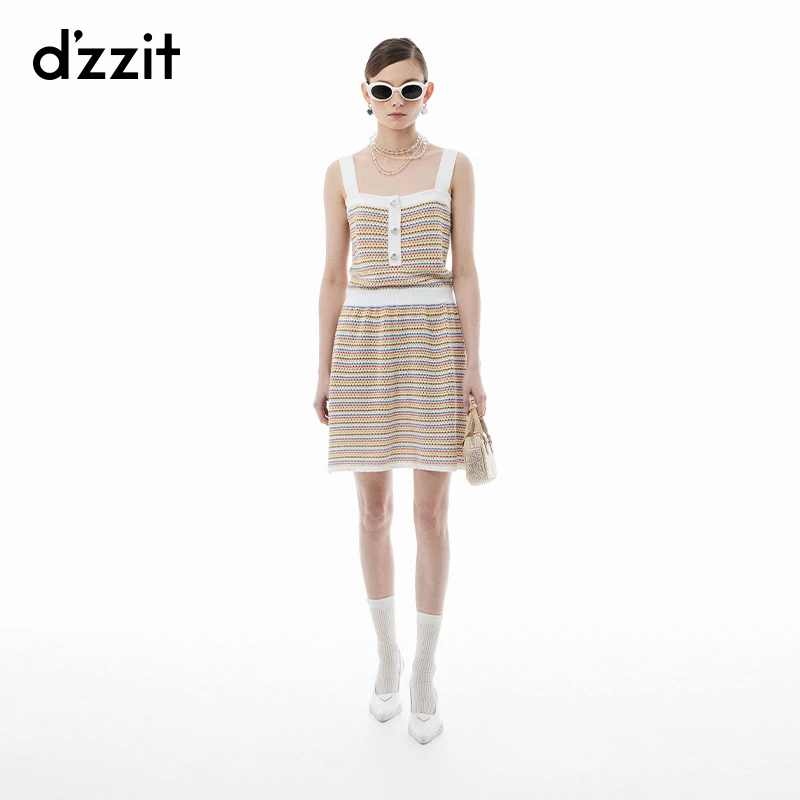 dzzit地素连衣裙春秋多巴胺收腰镂空针织吊带裙短裙女3I3E611