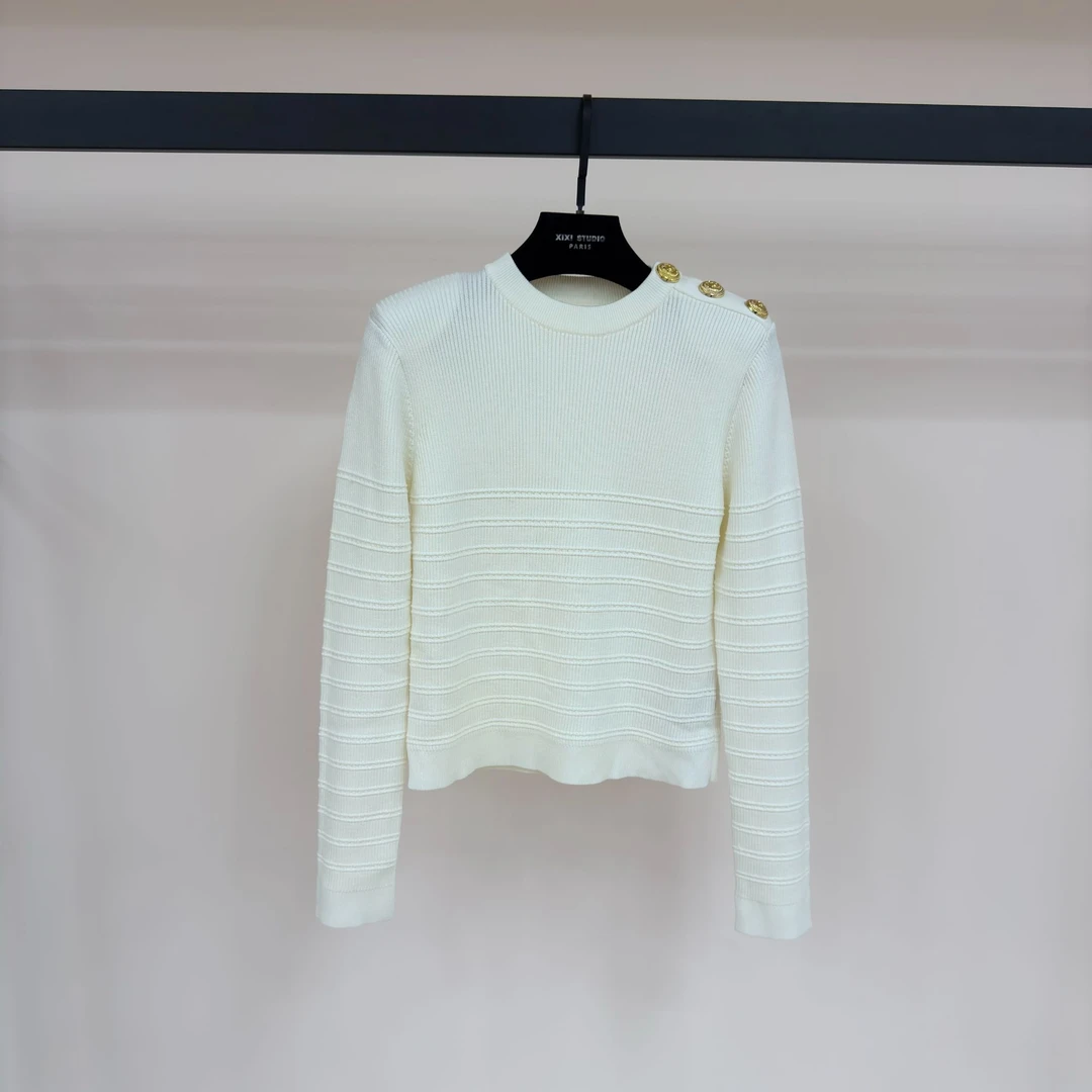 【西西高定】百搭轻奢金属扣长袖套头针织上衣