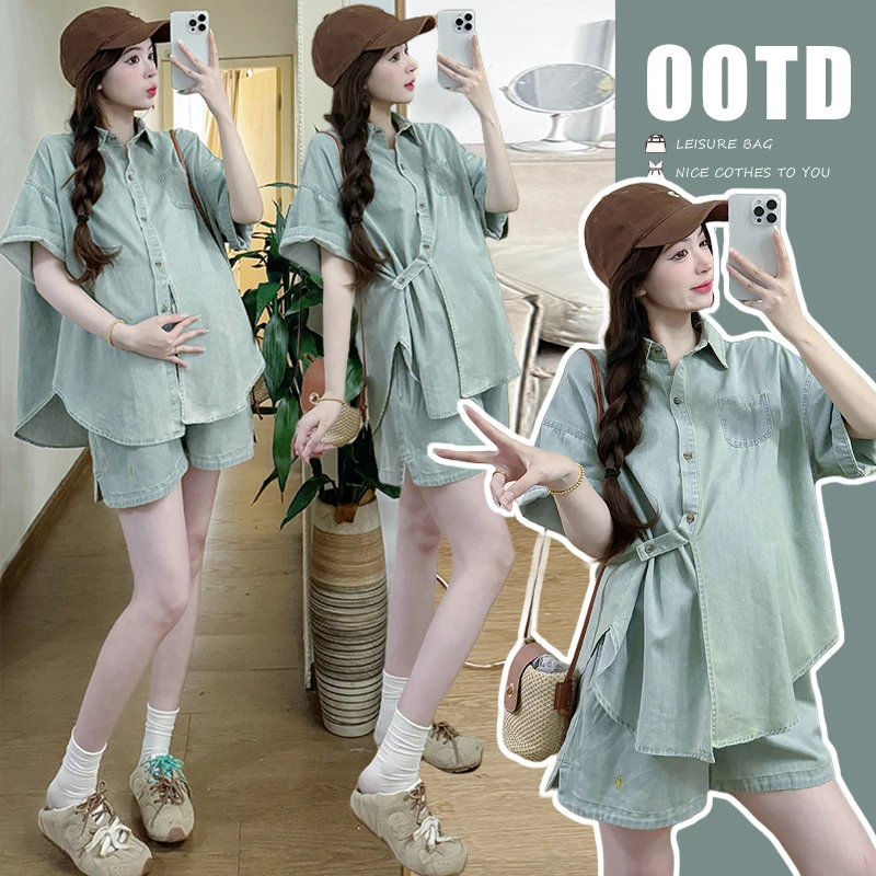 孕妇夏季薄牛仔套装时尚设计感短袖衬衣阔腿短裤两件套减龄套装