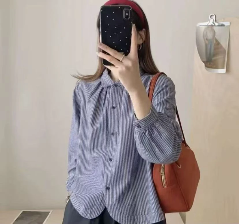 泡泡皱高级复古拼接条纹长袖衬衫女2025秋季新款休闲洋气百搭上衣