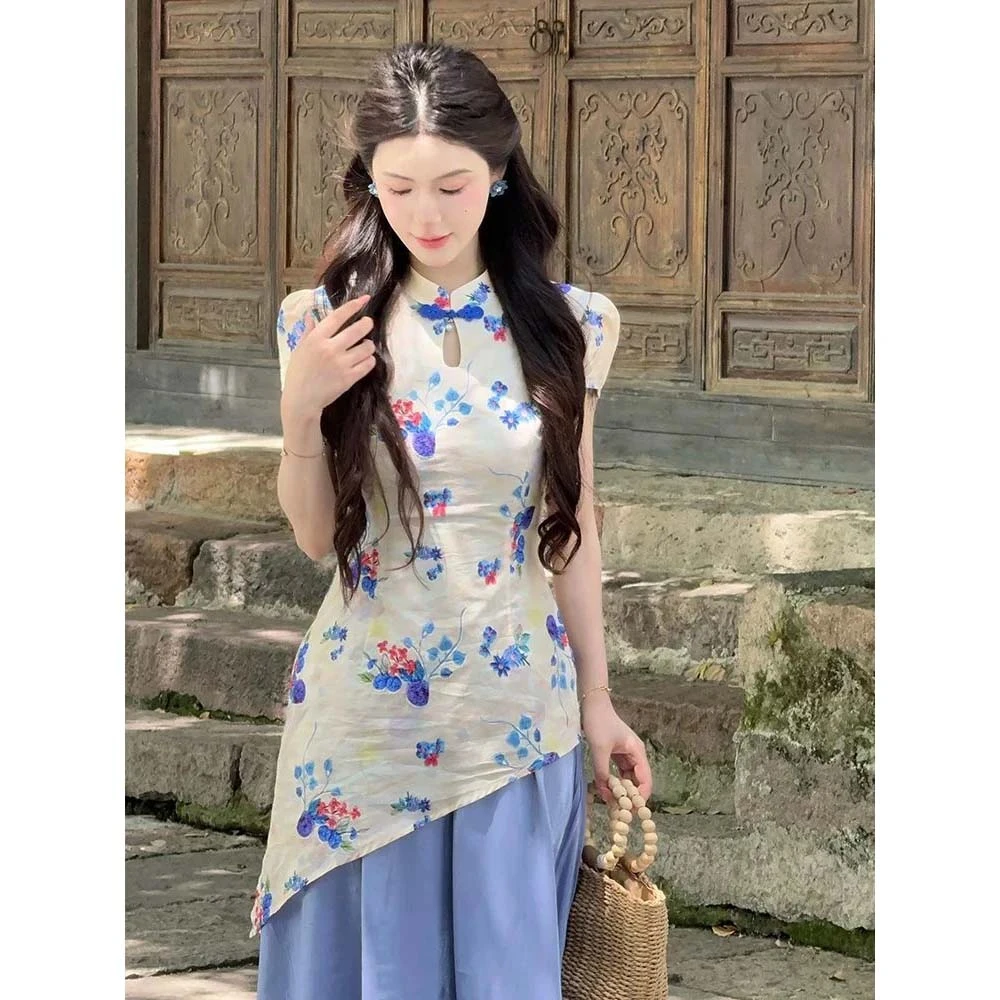 碎花小个子国风新中式旗袍改良蓝色连衣裙女拼接长裙新款D2102