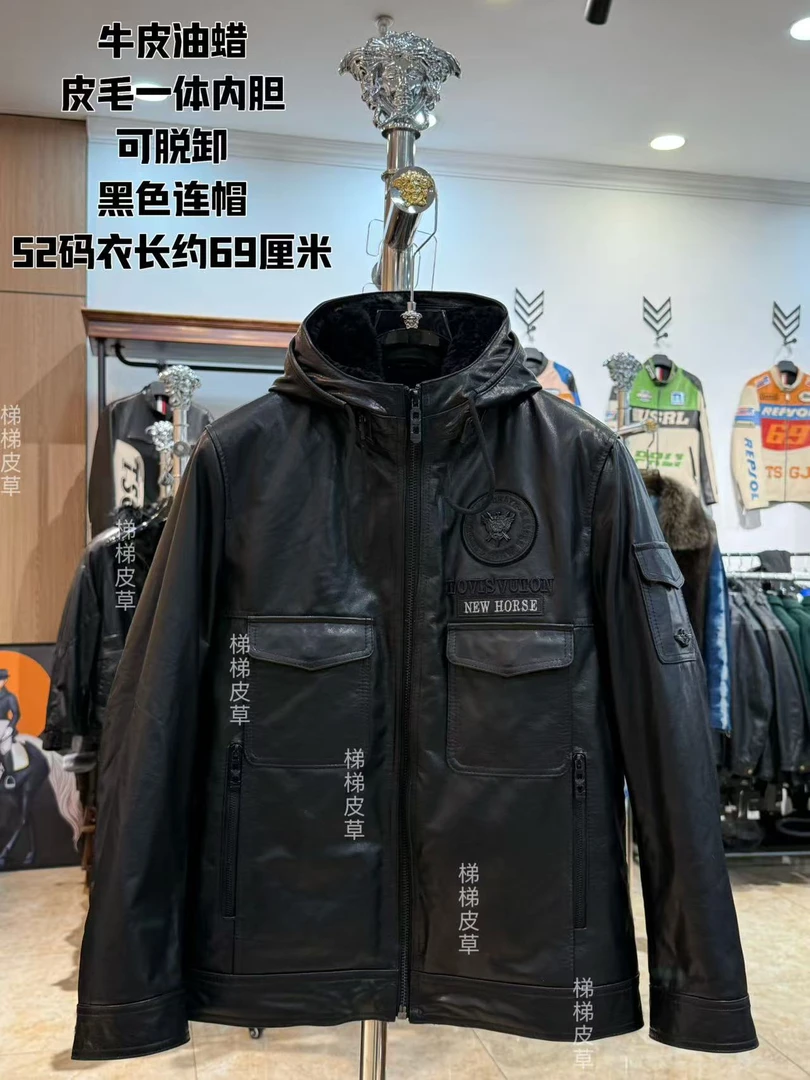 男士真皮牛皮冬装加厚派克(原生态皮毛一体内胆）可脱卸2409现货
