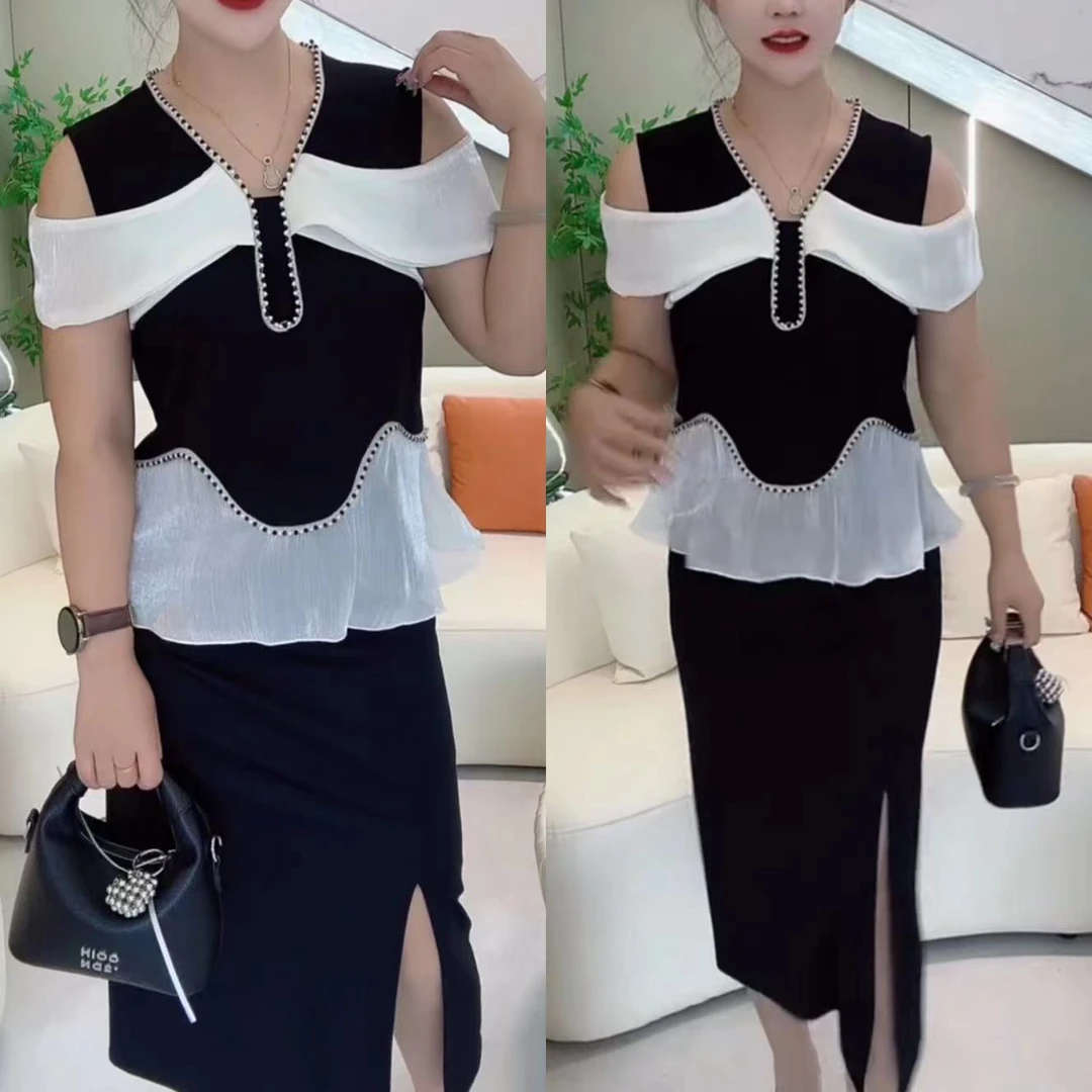 夏季时尚气质拼接漏肩连衣裙