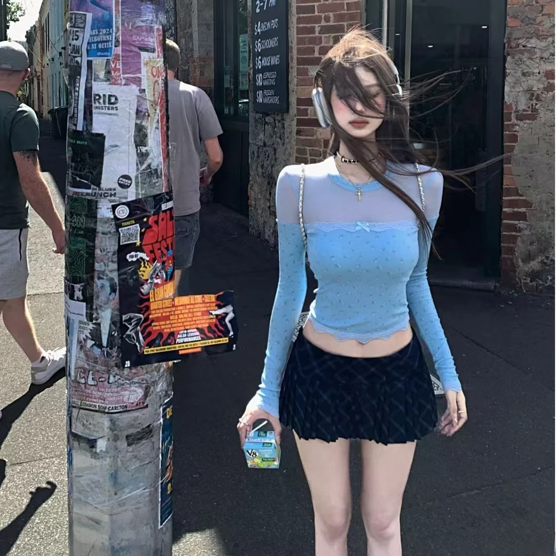 【甜穗奈莉】2025春夏新款蝴蝶结蕾丝修身内搭打底衫配低腰百褶半裙