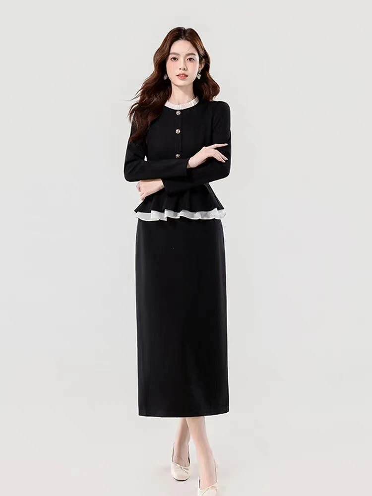 胖妹妹早秋装时尚连衣裙女高级感黑色小香风假两件气质显瘦裙1941