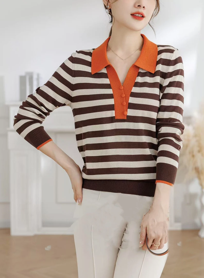 2025春季新款上衣翻领减龄条纹时尚撞色长袖拼色百搭