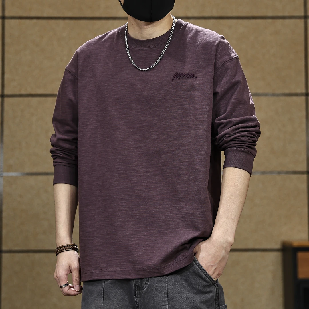 高端美系复古竹节棉简约刺绣长袖T恤男士秋季新款宽松大码体恤男