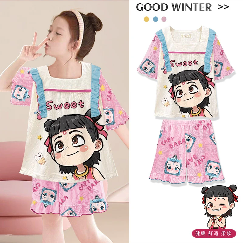 儿童睡衣薄款春夏季冰丝女童小女孩中大童哪吒2025新款夏天家居服