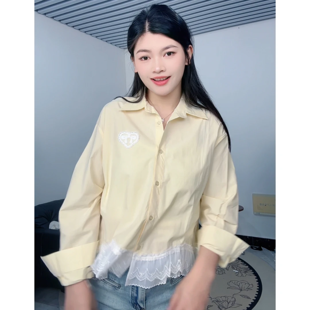 爱心刺绣下摆蕾丝拼接2025春夏洋气百搭衬衫长袖常规打底上衣2555