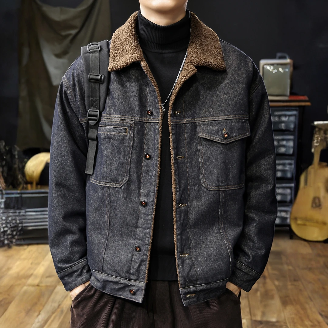 西特蒙恩丹宁羊羔绒牛仔外套男冬季新款加绒加厚保暖棉服夹克外套