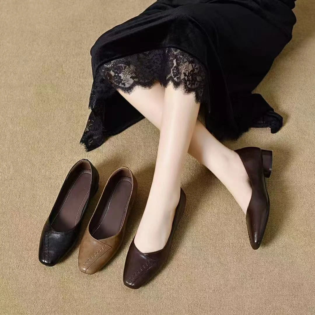 【朵苮品牌】春季新款法式妈妈鞋舒适软皮软底粗跟浅口小单鞋6205