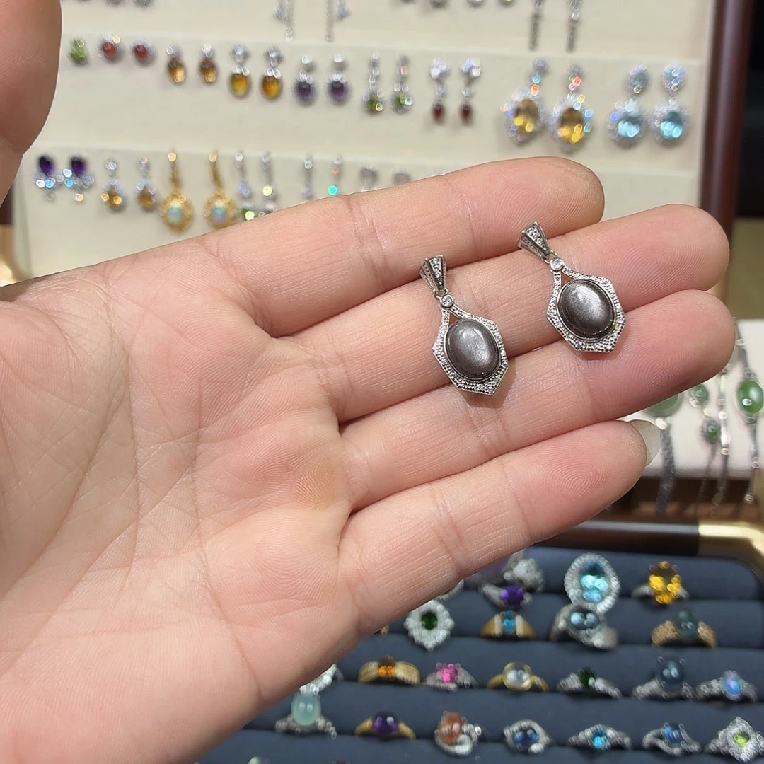 硅化玉银S925镶嵌耳饰