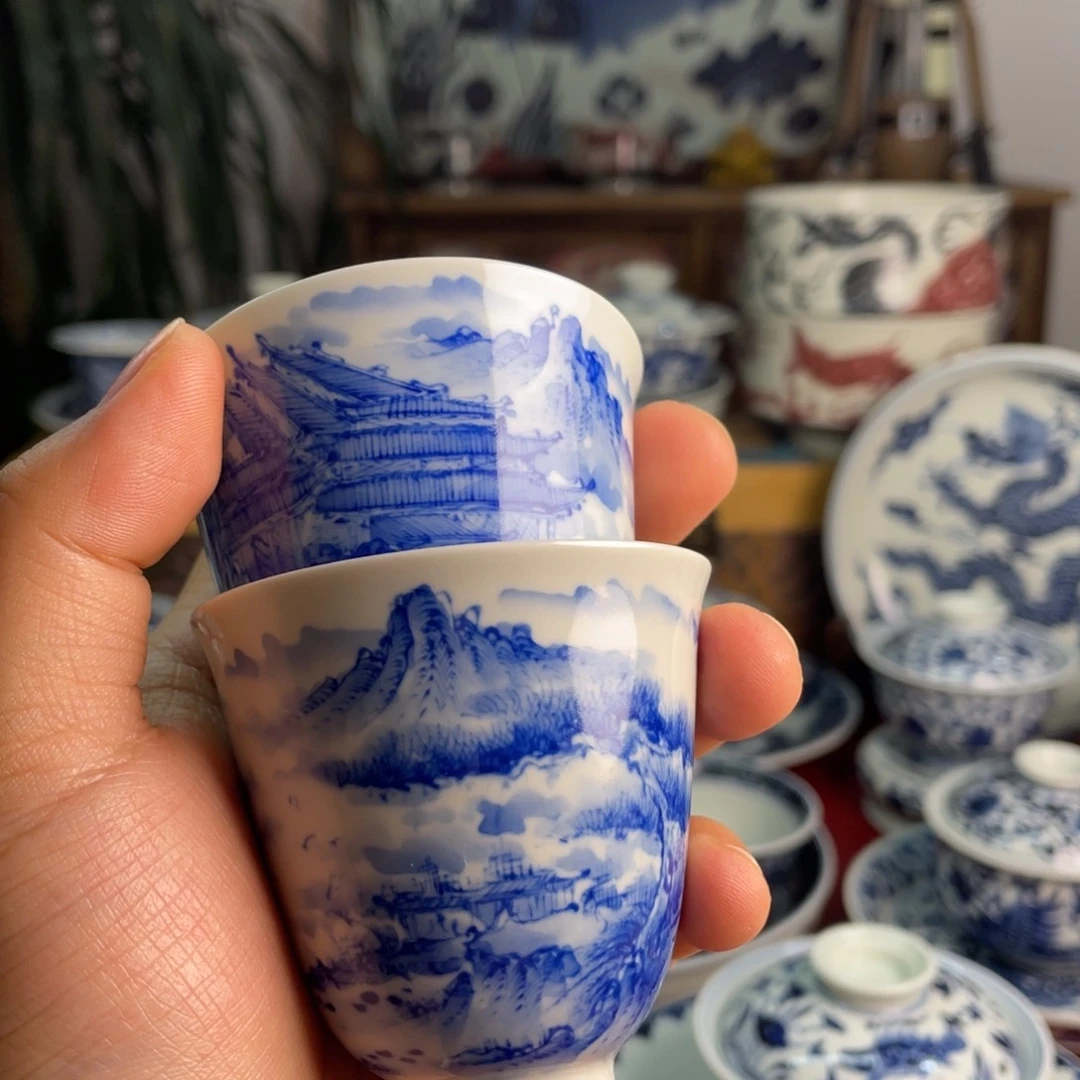 终*青花山水亭台楼阁杯子两个微瑕