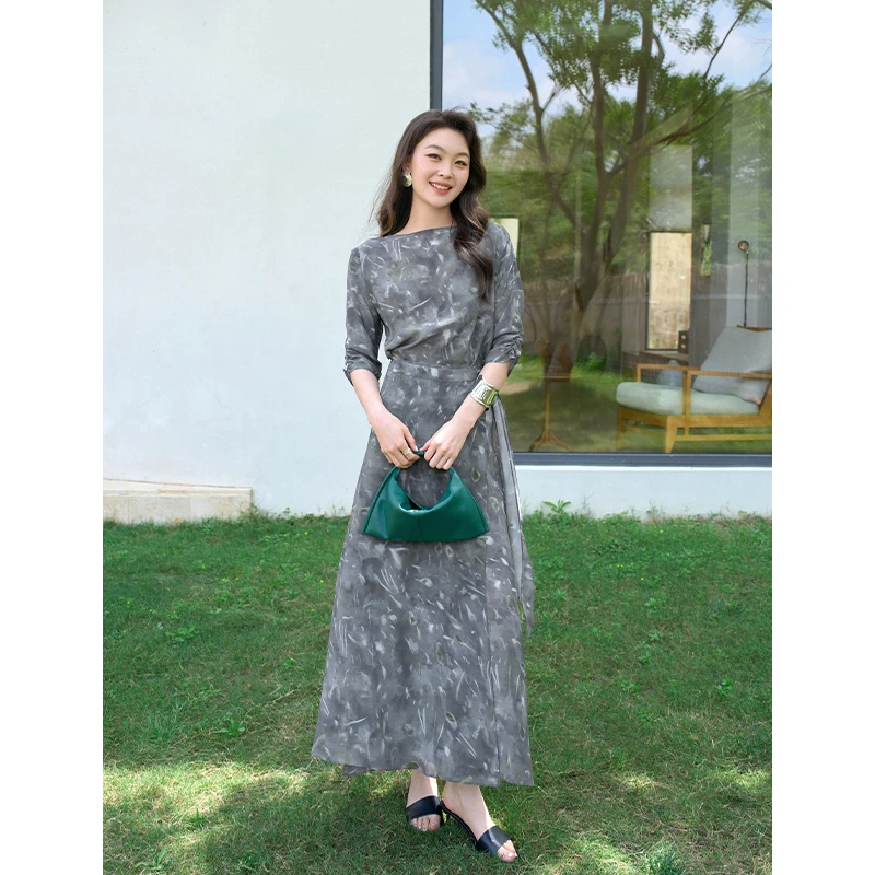 CKOUCCOO/扣蔻一字领围裹式设计桑蚕丝真丝连衣裙夏季新款印花裙