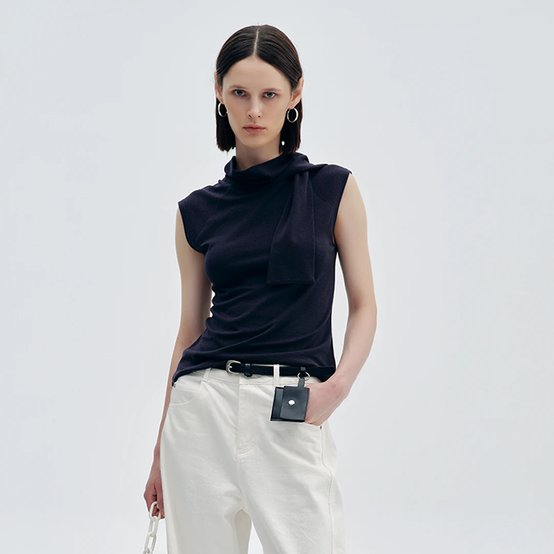 DNCY插肩高领宽边系带T恤复古2025早秋新款收腰显瘦无袖休闲上衣