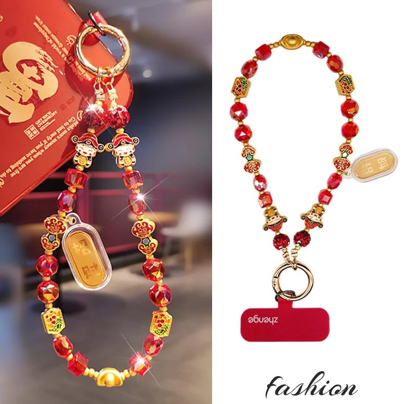 新年招财手机挂绳短款ins红水晶串珠手链女生户外手提挂件壳结实