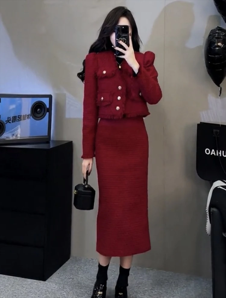 精致高级感时尚小香风套装春秋新款加厚韩版西服高腰一步裙秋冬
