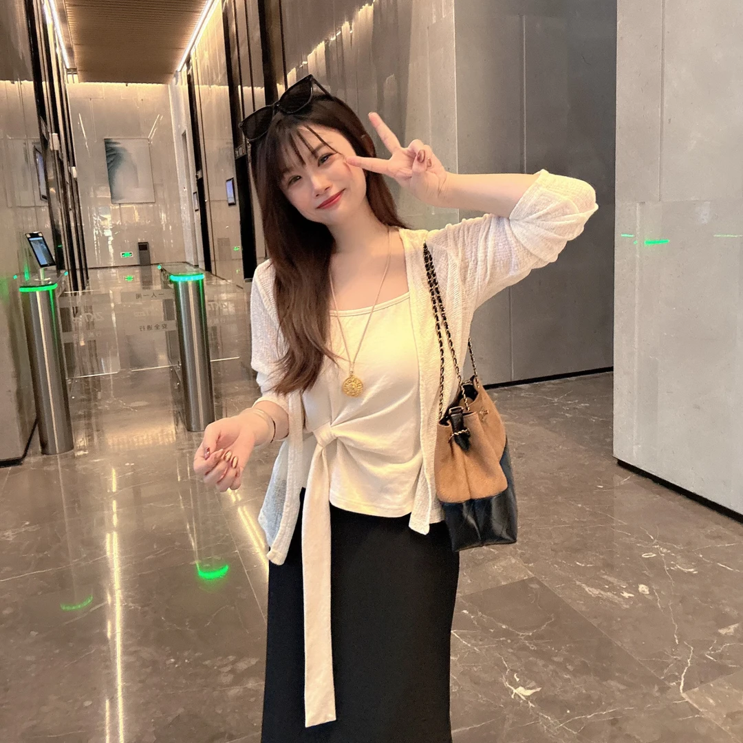 NS「秋风微澜」法式复古不规则交叉V领绑带背心开衫两件套