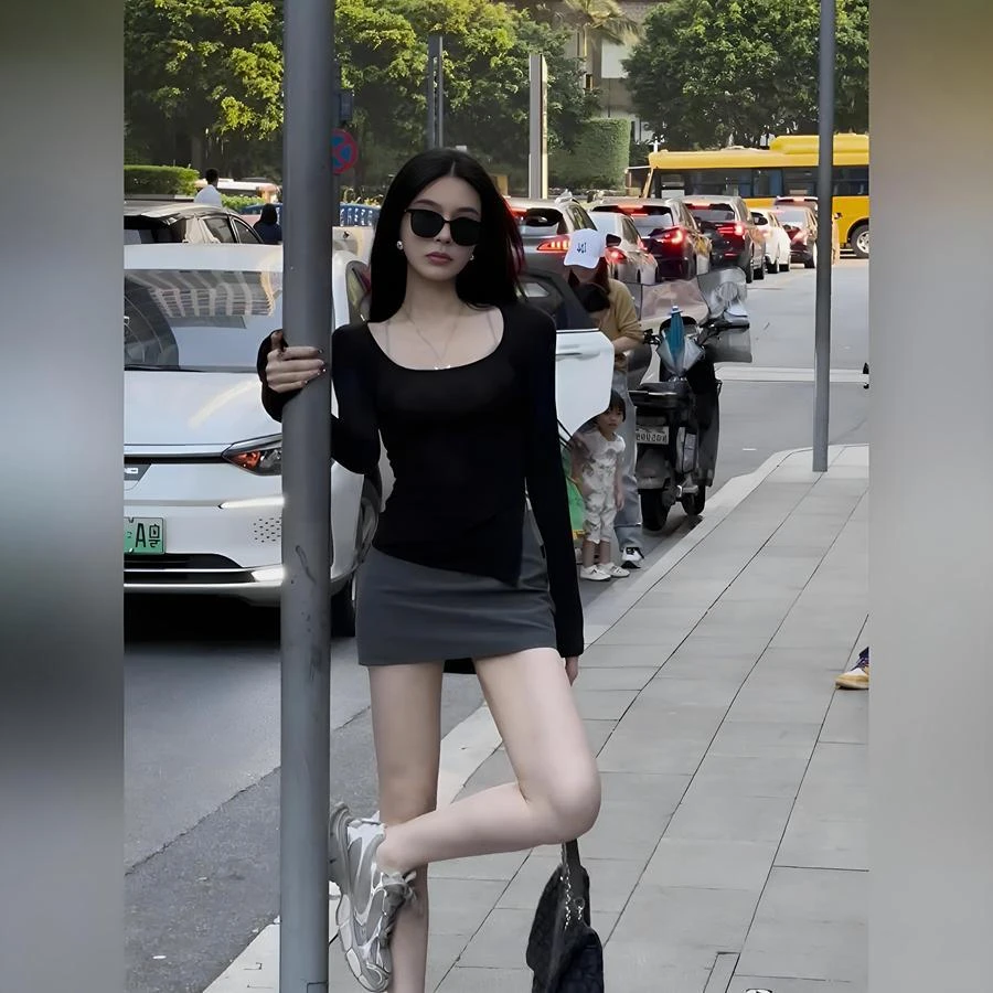 25春秋新款超火百搭大U领长袖纯色不规则显瘦T恤上衣辣妹A字短裙