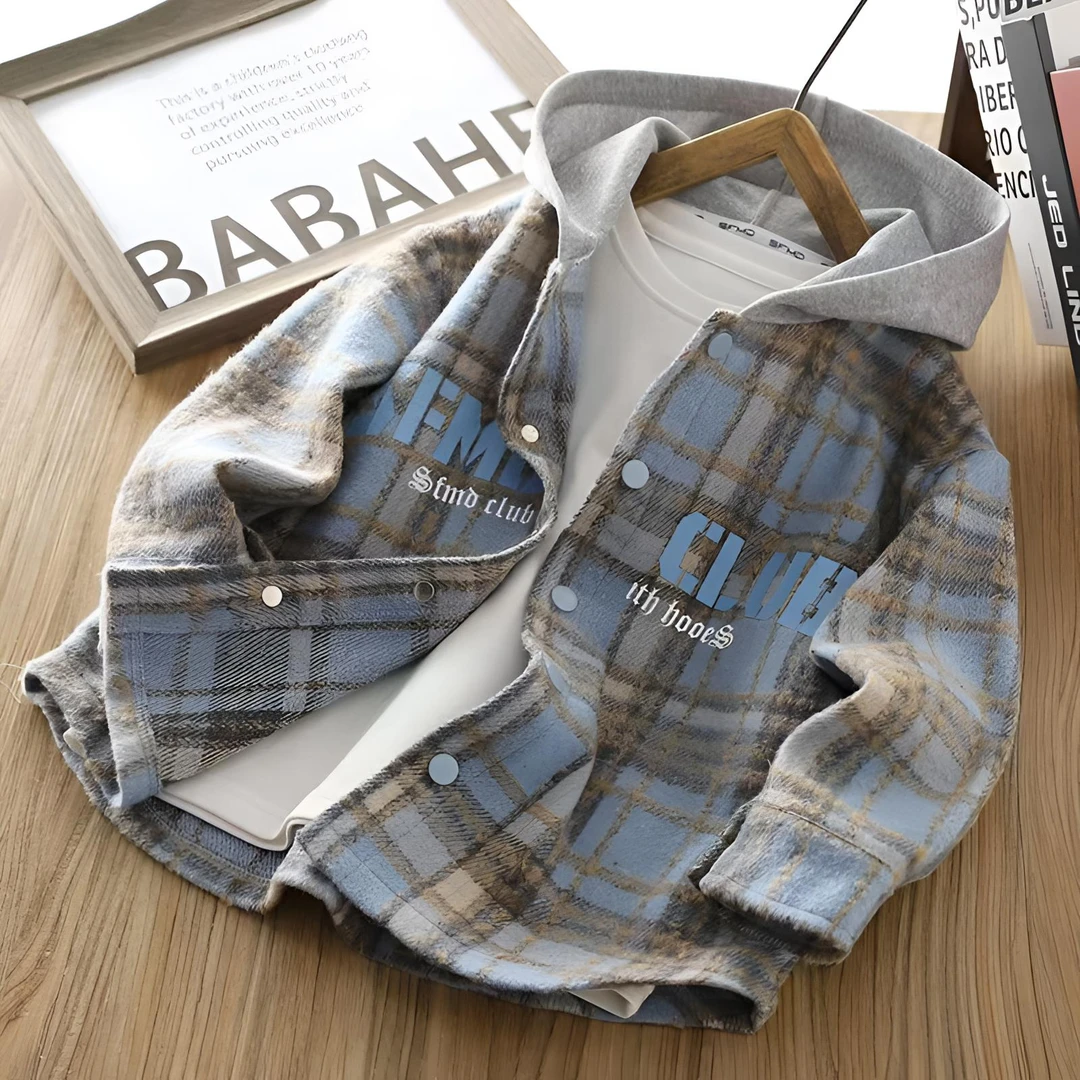 男童连帽外套春秋装2025新款儿童格子衬衫帅气男孩薄款运动上衣服