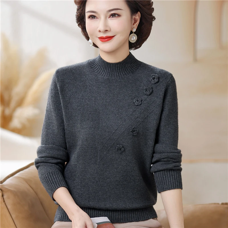 新款妈妈装秋冬针织加厚上衣中老年冬装厚款半高领打底衫纯色毛衣