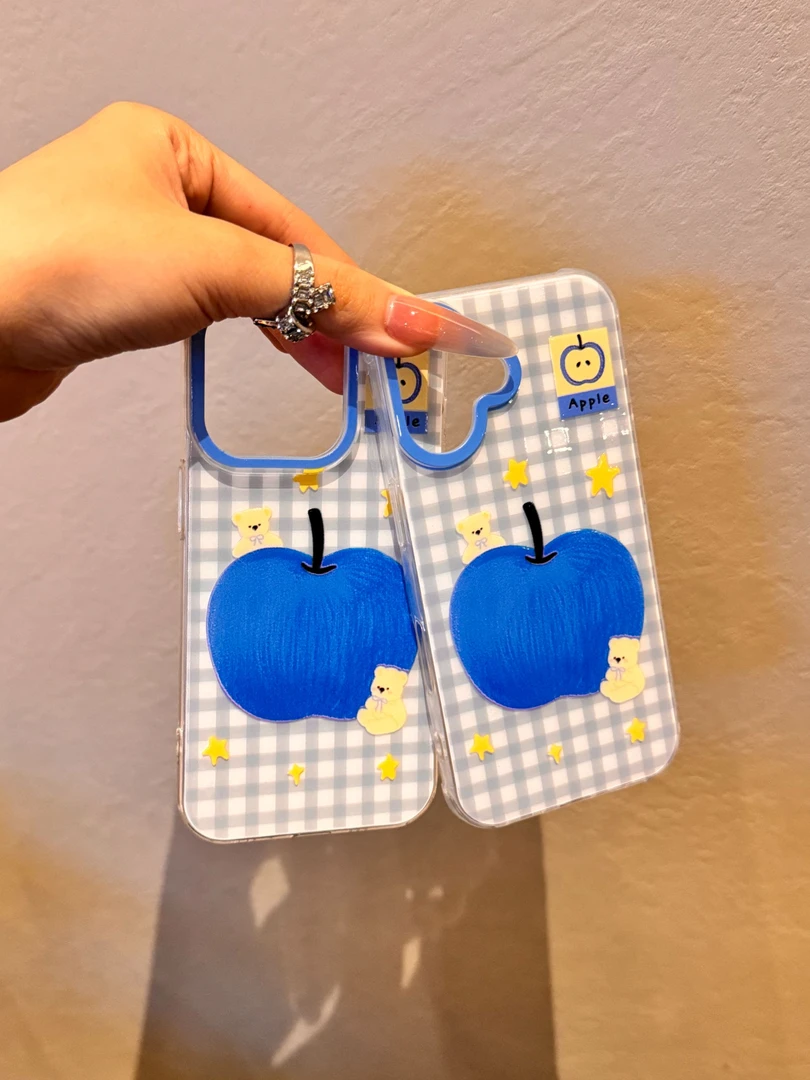 创意格子蓝苹果适用苹果16华为p70手机壳iPhone14小米oppo