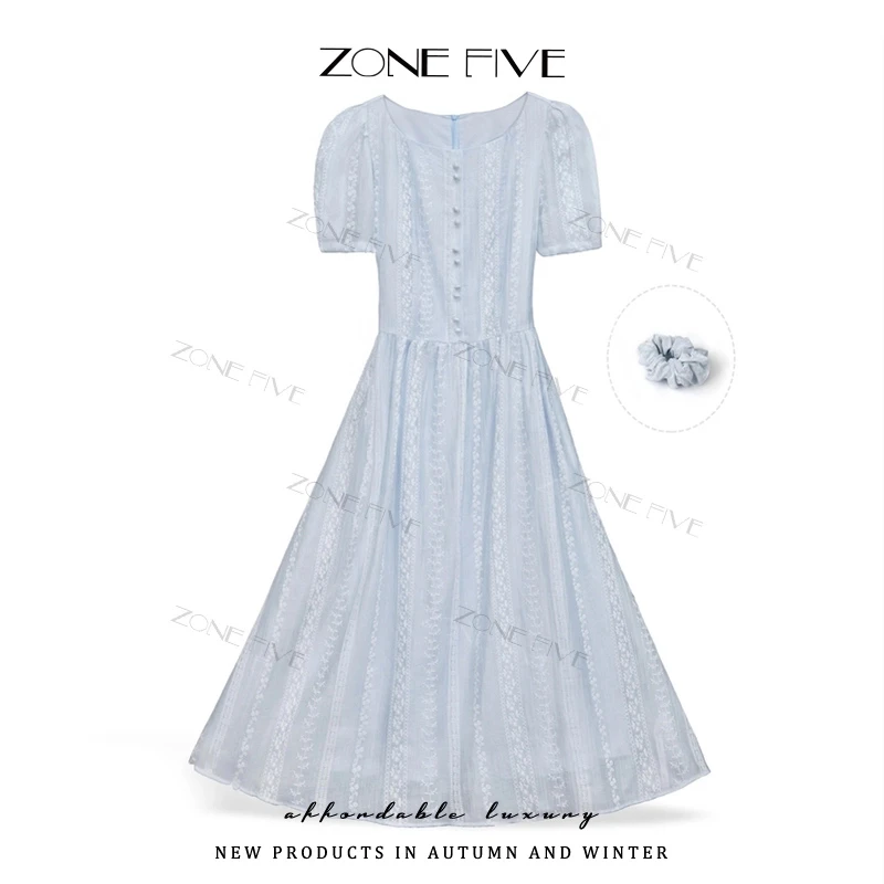 【zonefive】2025夏季新款法式泡泡袖高级收腰连衣裙-送发箍8112