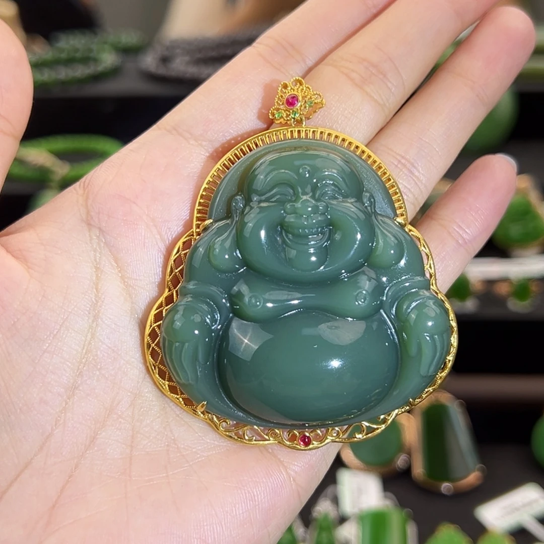 和田玉18K金镶嵌吊坠(不含链)鸭蛋青大佛公50mm