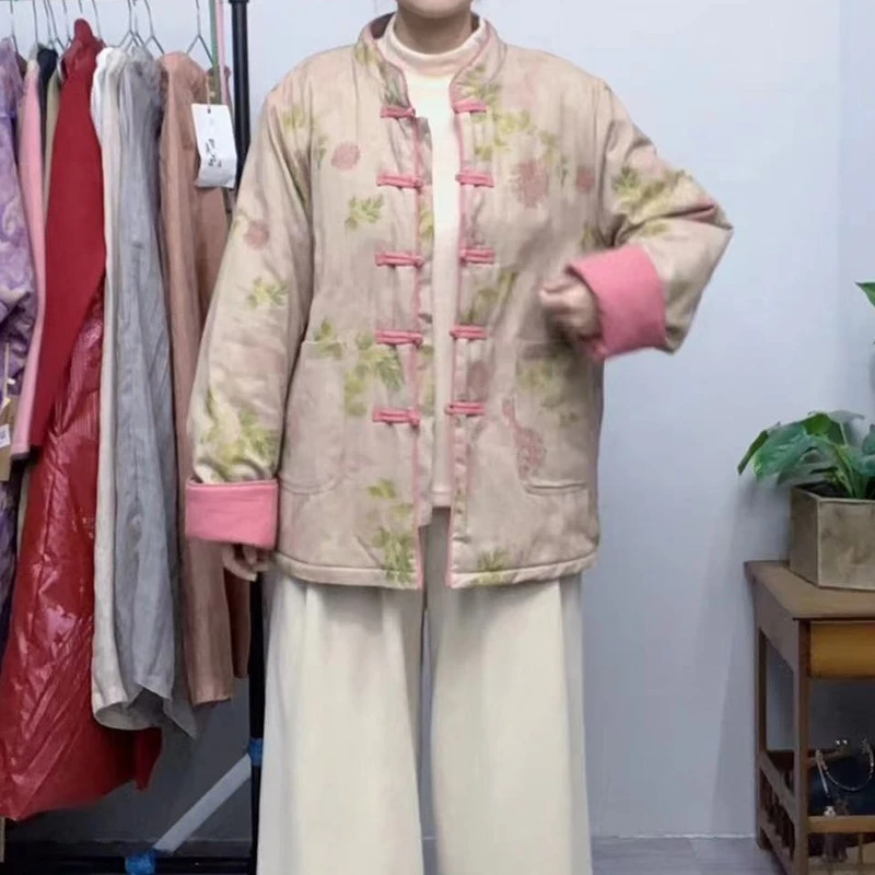 复古盘扣斜纹麻棉印花夹棉加厚保暖棉服女冬新款文艺国风加厚外套