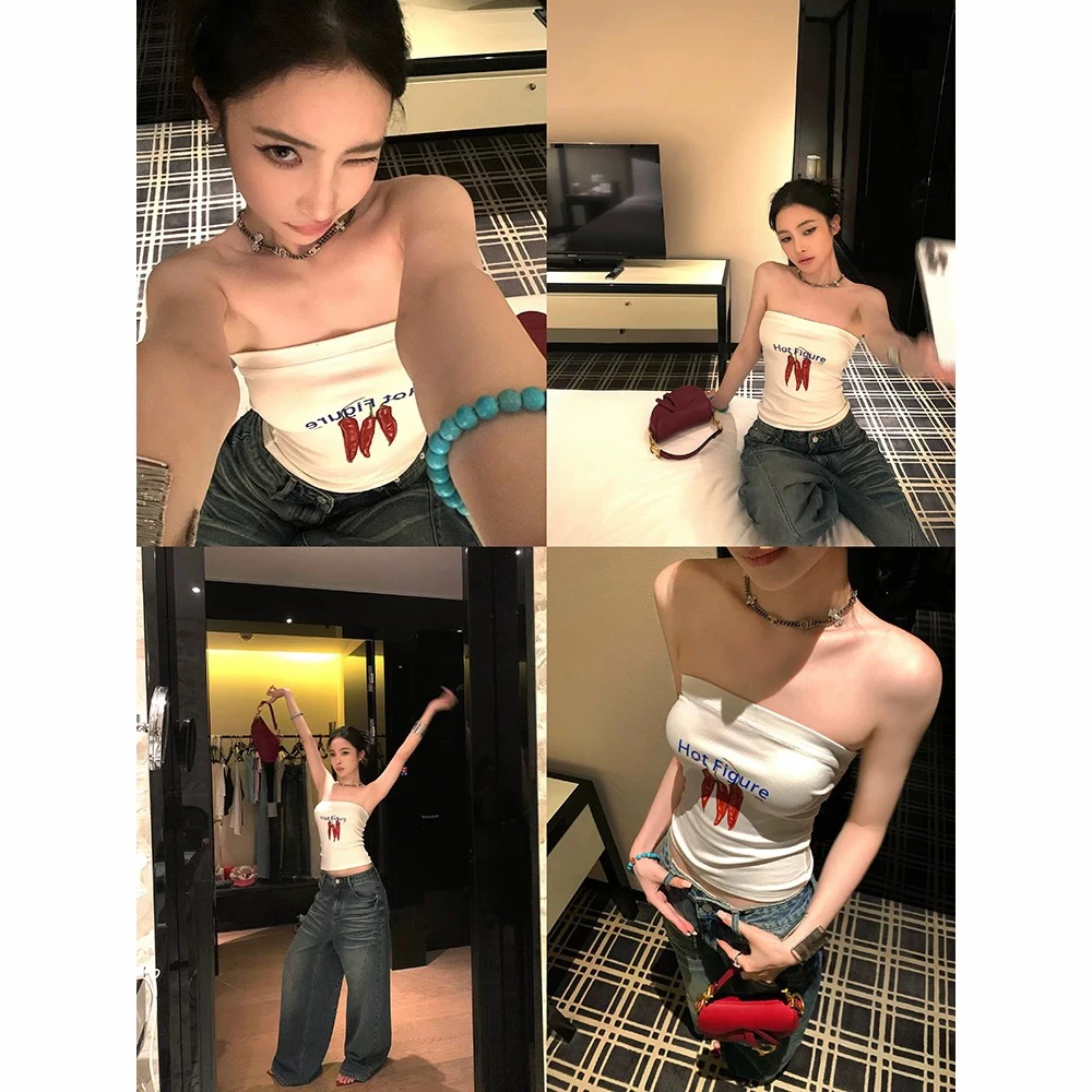 夏季辣妹性感辣椒字母印花百搭露肩抹胸背心女短款修身外穿上衣