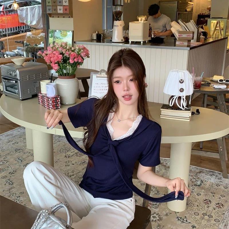 纯棉辣妹风蕾丝拼接V领短袖正肩T恤女装夏季性感chic内搭潮牌上衣
