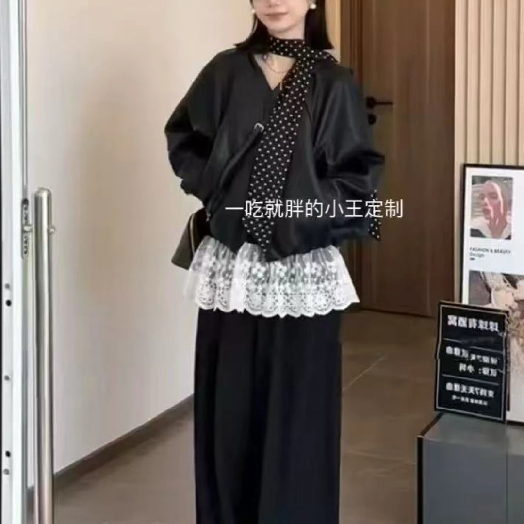【小王家】设计感蕾丝拼接长袖T恤春季新款洋气百搭内搭上衣➕外套