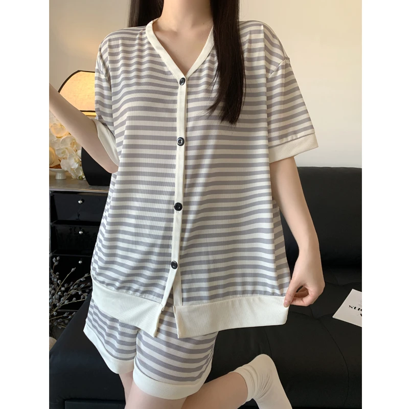 条纹休闲睡衣女夏季薄款短袖短裤两件套家居服2025新款可外穿