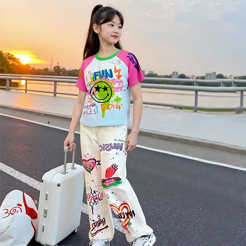女童夏季潮酷薄款卡通涂鸦阔腿裤直筒休闲中大童拼色短袖T恤套装