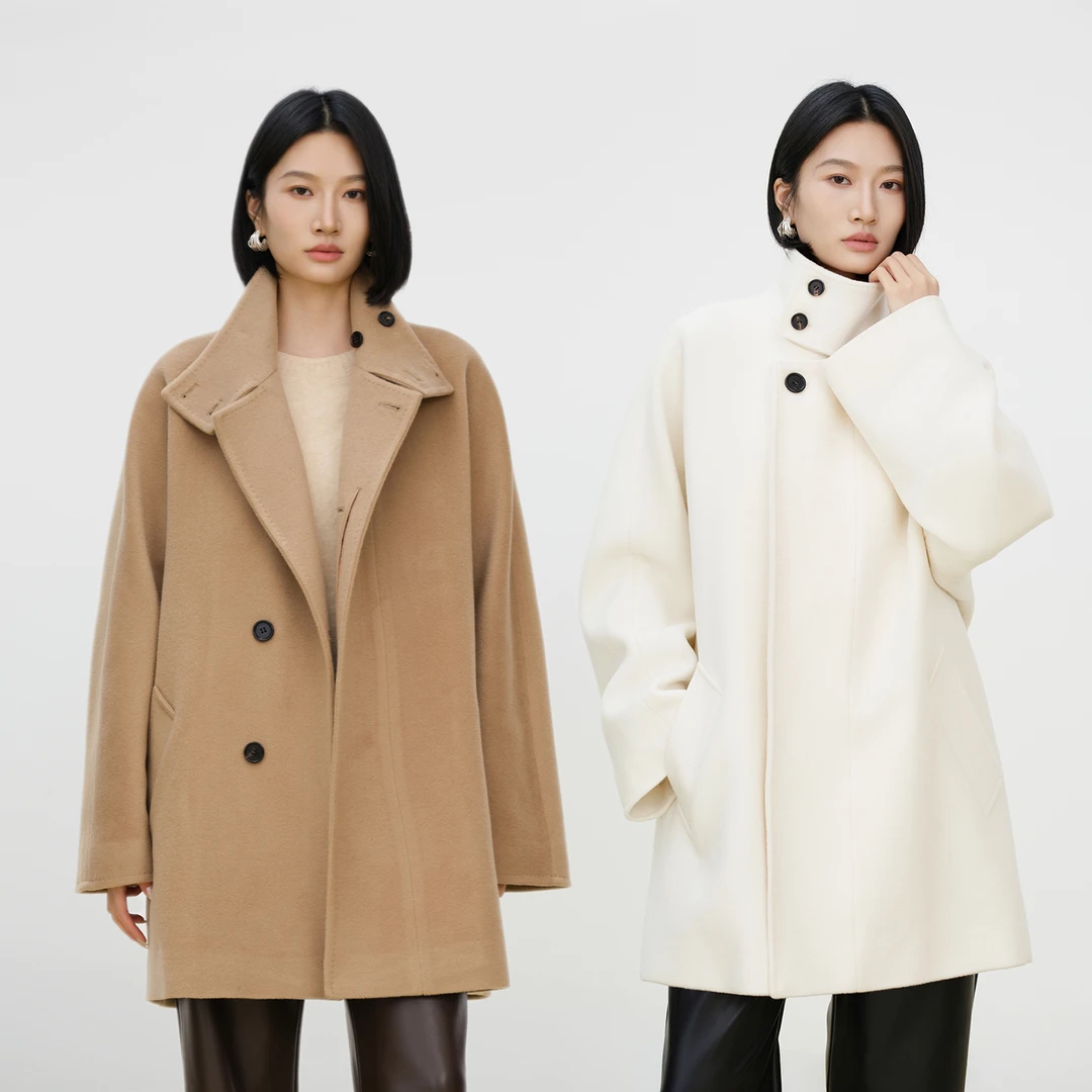 CEMO冬 100%美利奴羊毛 宽松简约风衣领毛呢外套大衣女CM70725343