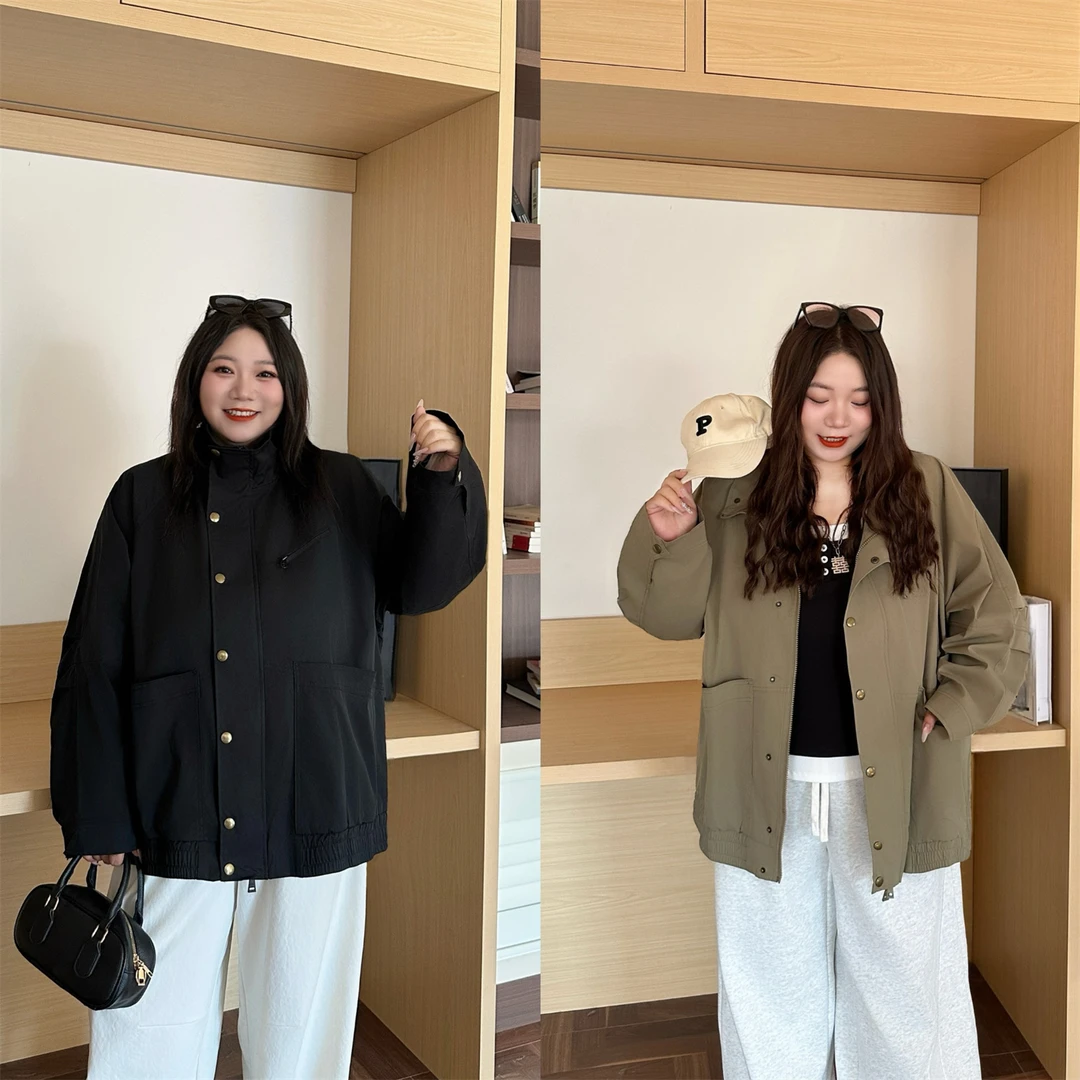 大码女装秋季宽松花契200斤胖mm韩系复古立领廓形夹克外套12451-H