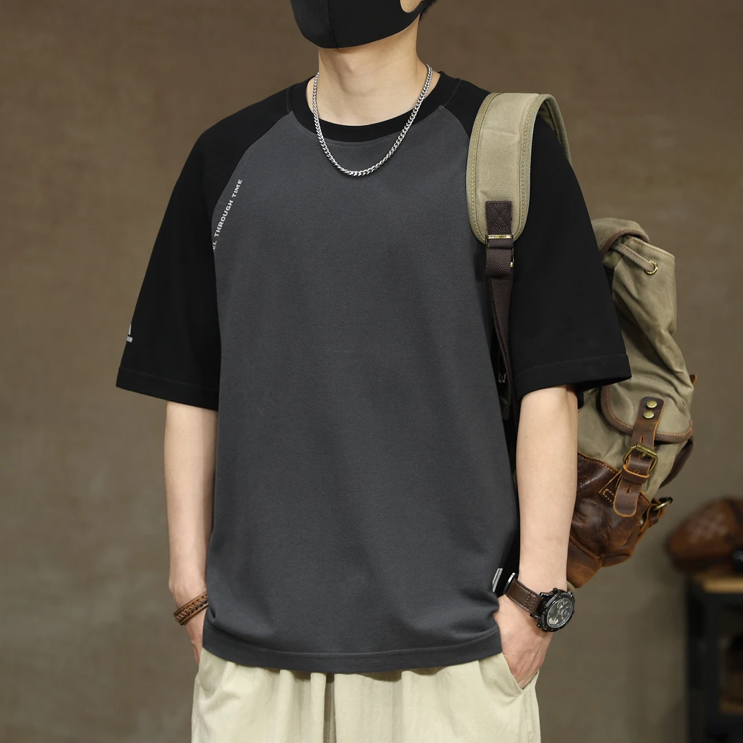 美式新款拼接重磅纯棉休闲短袖T恤男夏季潮流宽松撞色插肩体恤男T