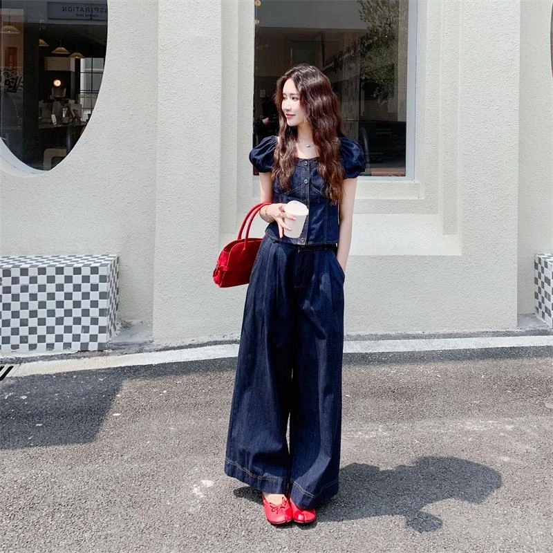 休闲甜美泡泡袖牛仔阔腿裤套装女夏2025新款显瘦巨好看超火两件套