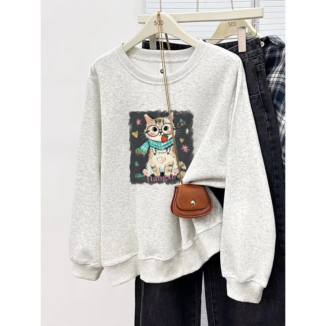 灰色猫咪印花圆领正肩卫衣女冬季加绒加厚宽松大码套头衫长袖上衣