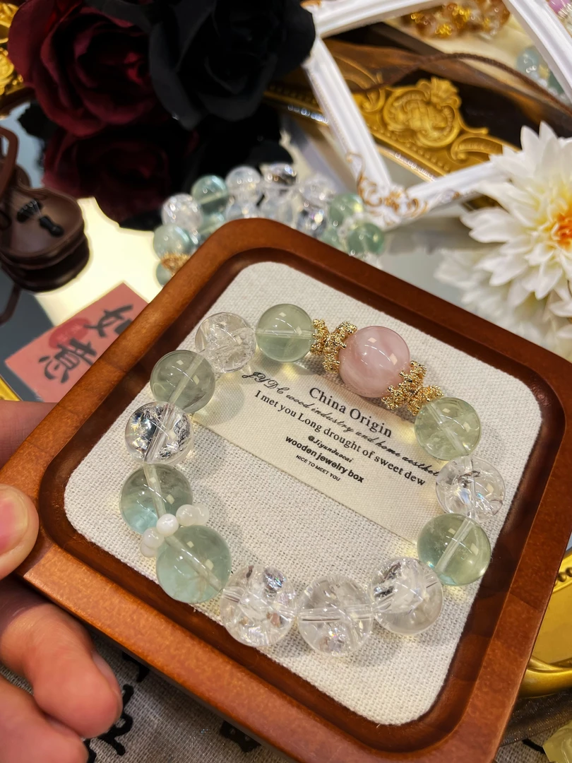 【有点甜 耶耶原创设计】天然绿萤石+白阿赛+粉晶顶珠单圈女士手串