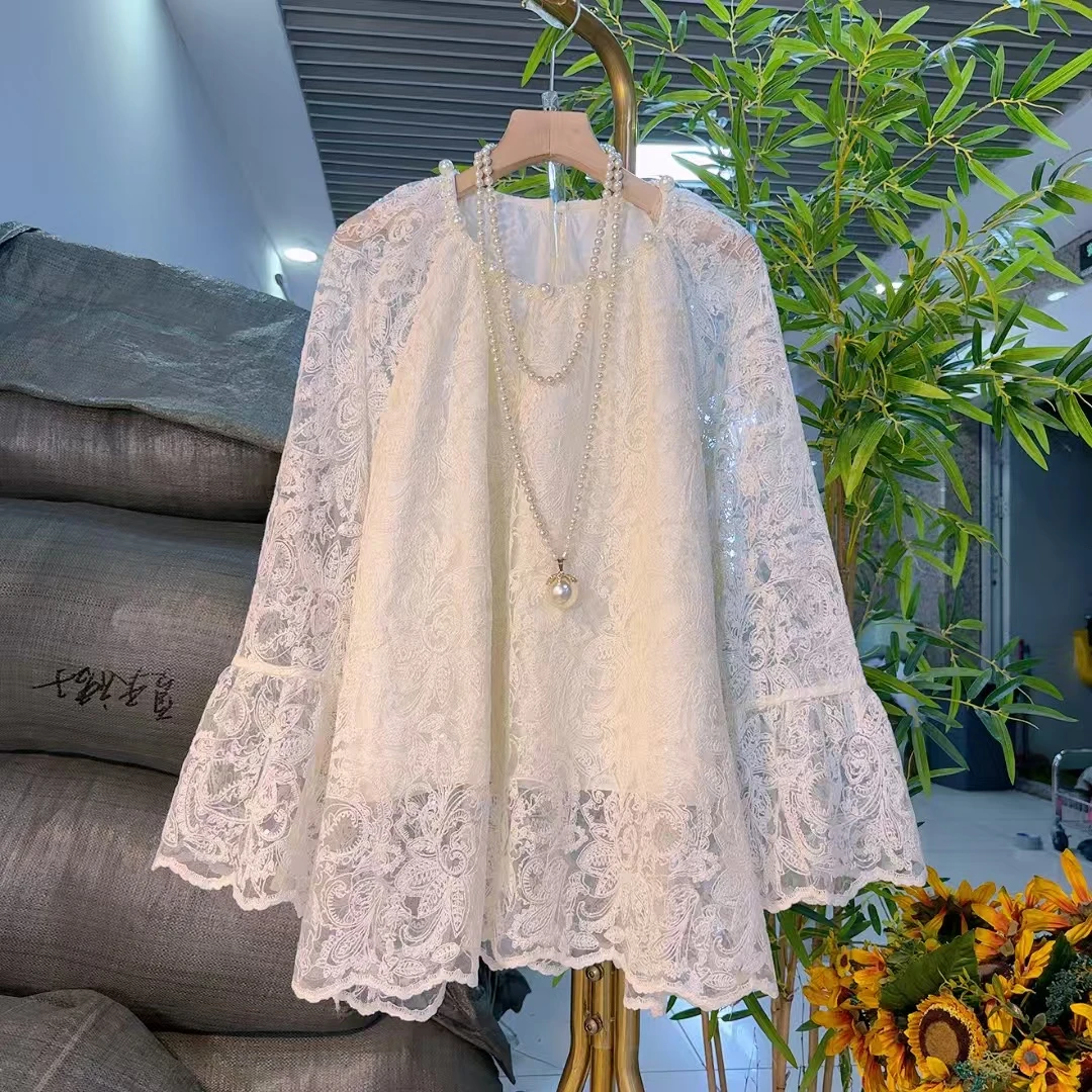 欧货气质钉珠蕾丝衫微胖秋季大码遮肉显瘦长袖时尚法式漂亮7198