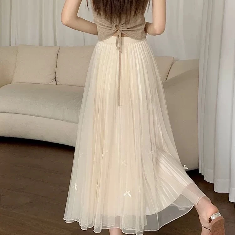 2025春夏新款百搭蝴蝶结网纱大摆半身裙女中长款显瘦百搭短袖上衣