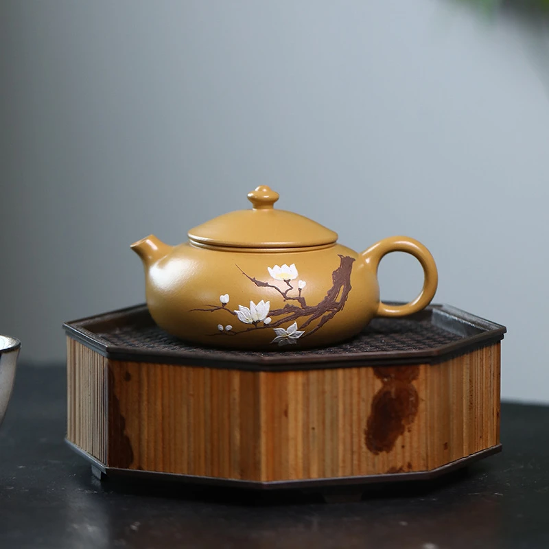 宜兴紫砂壶原矿黄金朱泥小品泥绘寒江壶120ml手工功夫茶壶茶具